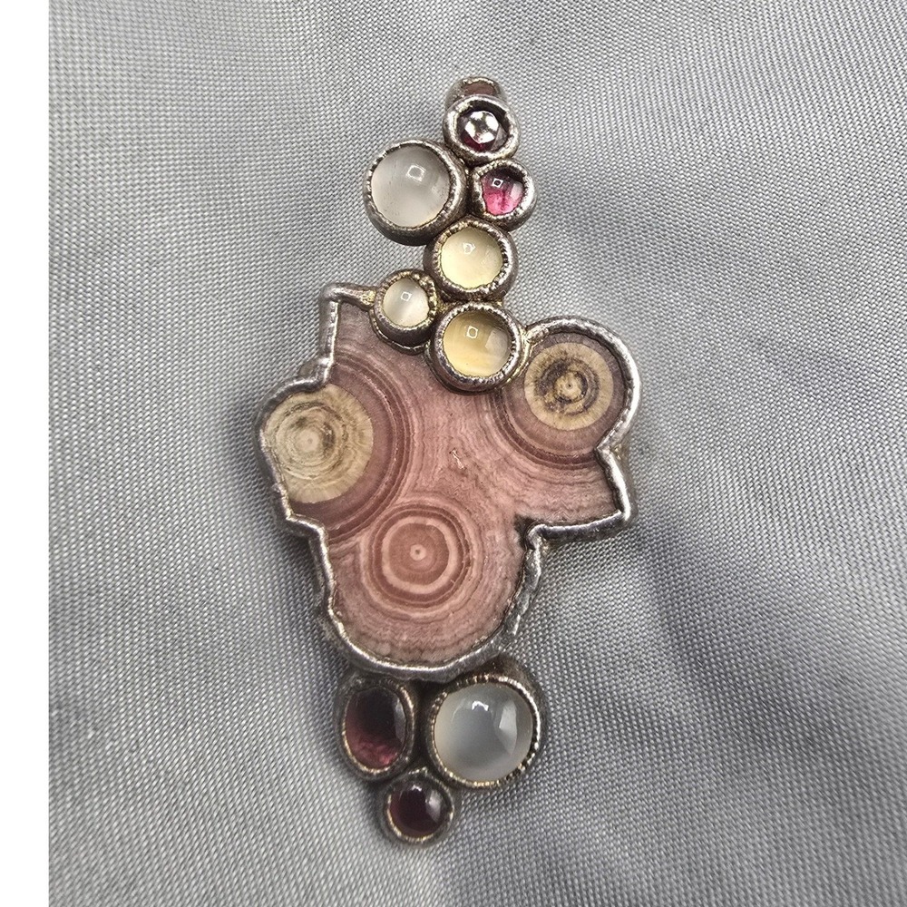 Vintage Artisan Pendant Pink Brown Mixed Stone Bezel Set CR 999 1.5in